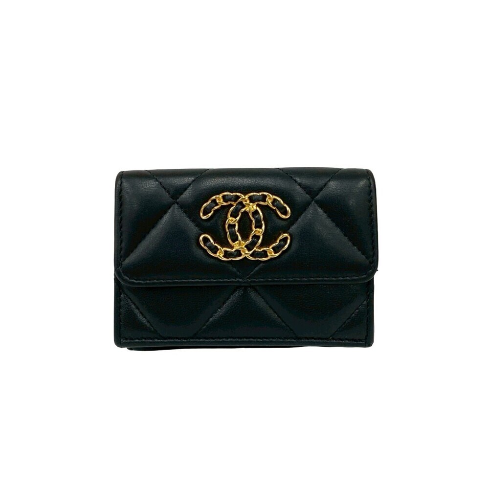 CHANEL Black Lambskin Leather Logo Wallet